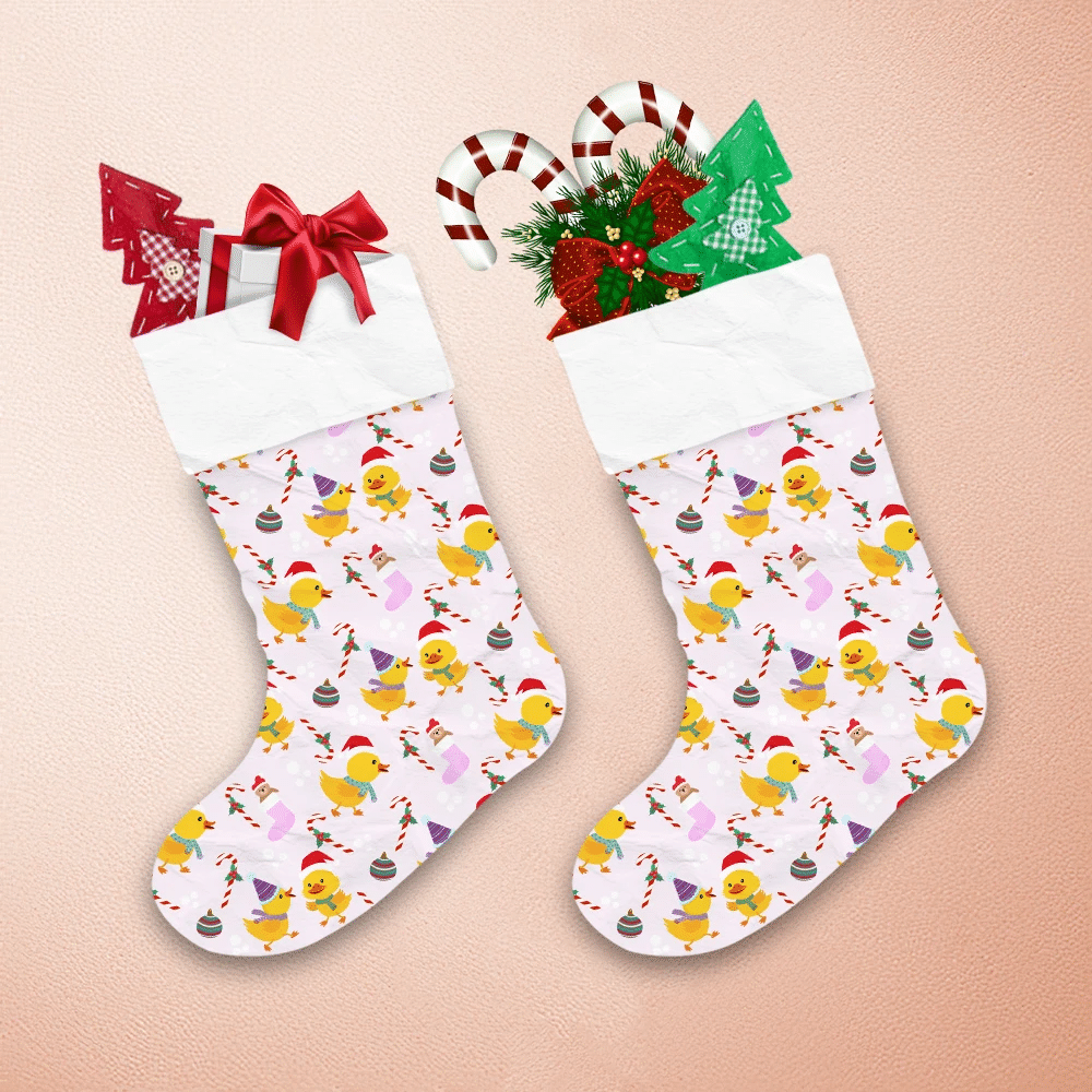 Christmas Cute Duckling And Candy On Pink Christmas Stocking 1