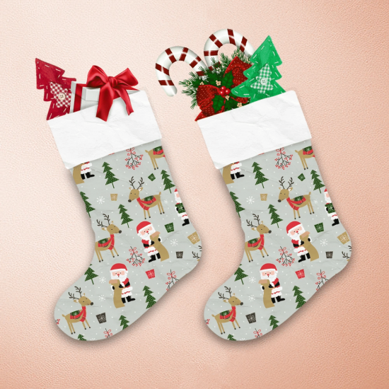 Christmas Cute Santa And Reindeer On Grey Christmas Stocking 1