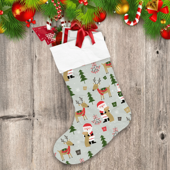 Christmas Cute Santa And Reindeer On Grey Christmas Stocking