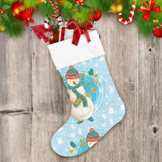 Christmas Cute Snowman With Scarf And Garland Christmas Stocking