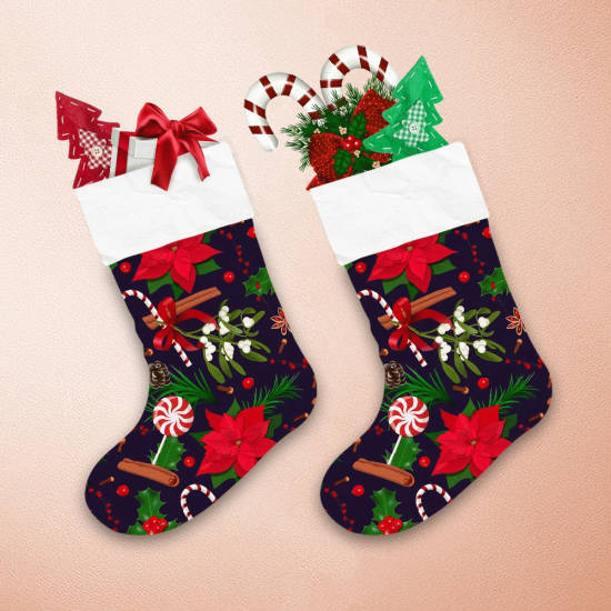 Christmas Decoration With Red Poinsettia Fir Tree And Candy Cane Christmas Stocking 1