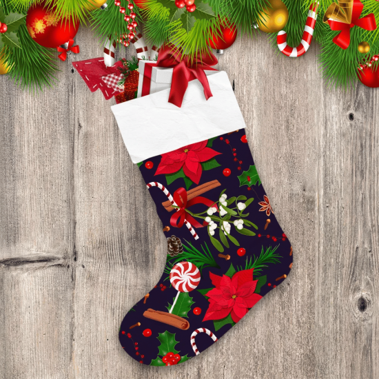 Christmas Decoration With Red Poinsettia Fir Tree And Candy Cane Christmas Stocking