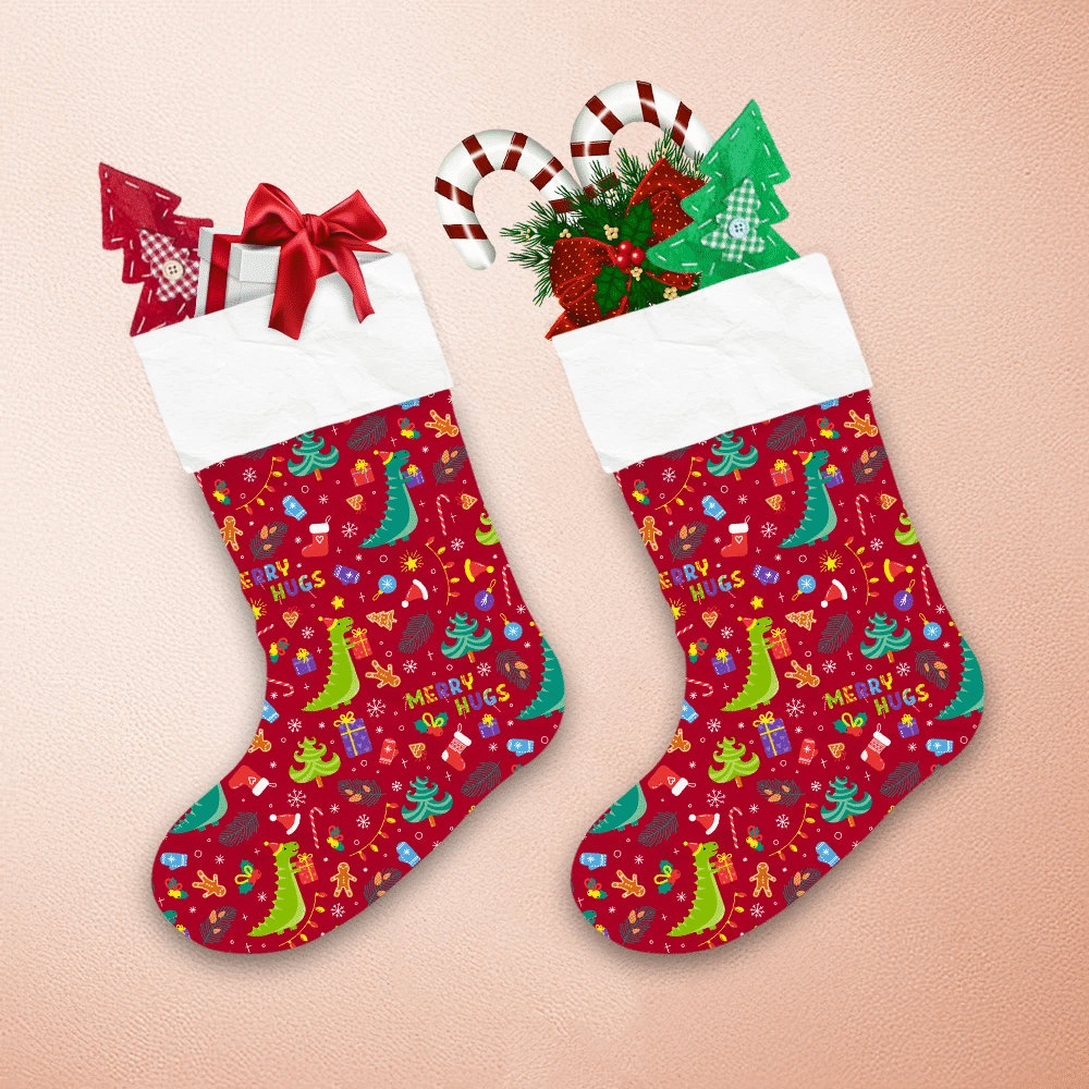 Christmas Dinosaurs Carry Gifts To Each Other And Hug Christmas Stocking 1