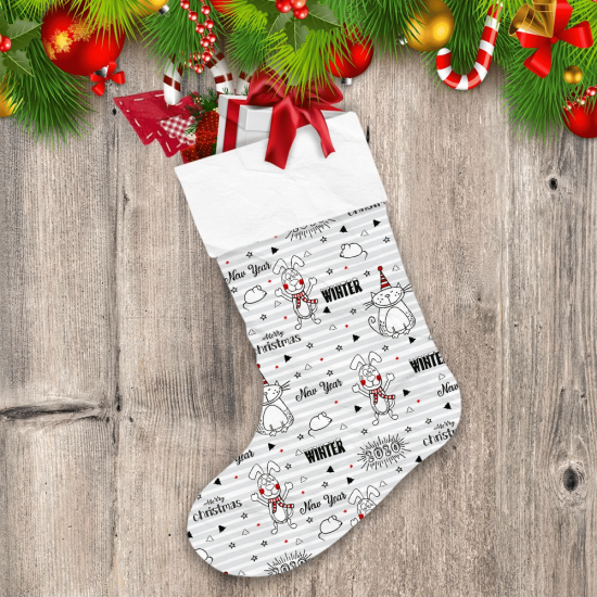 Christmas Doodles Dog Cat On Winter Stripe Christmas Stocking