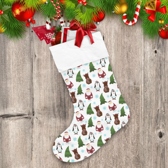 Christmas Festive Background Christmas Trees Deer And Penguin Christmas Stocking