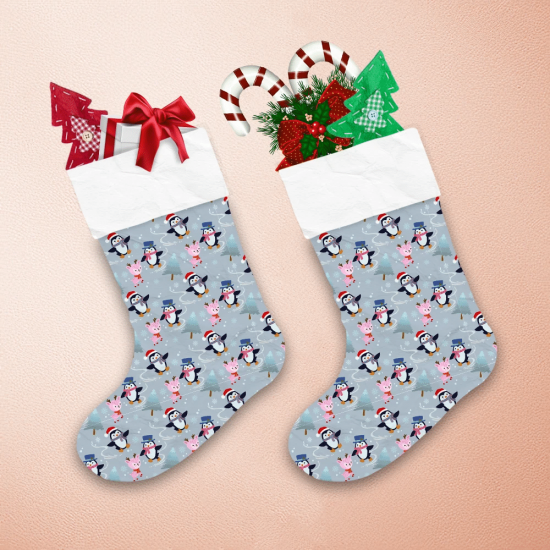 Christmas Festive Background Penguin And Deer In Winter Christmas Stocking 1