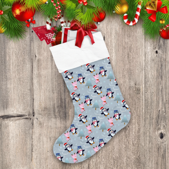 Christmas Festive Background Penguin And Deer In Winter Christmas Stocking