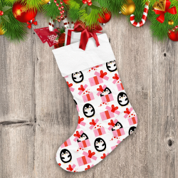 Christmas Festive Background With Penguin Gift Box And Hearts Christmas Stocking