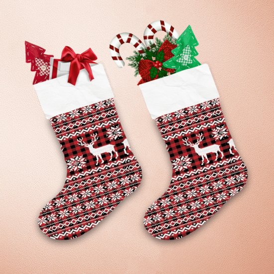 Christmas Festive Knitted White Deer And Snowflakes On Buffalo Plaid Background Christmas Stocking 1