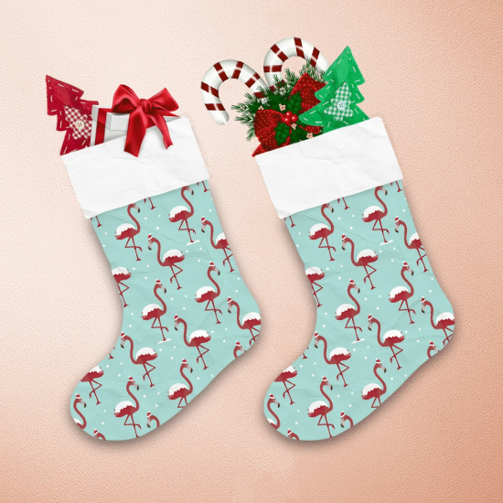 Christmas Flamingo In Red Hat Under Snow Christmas Stocking 1