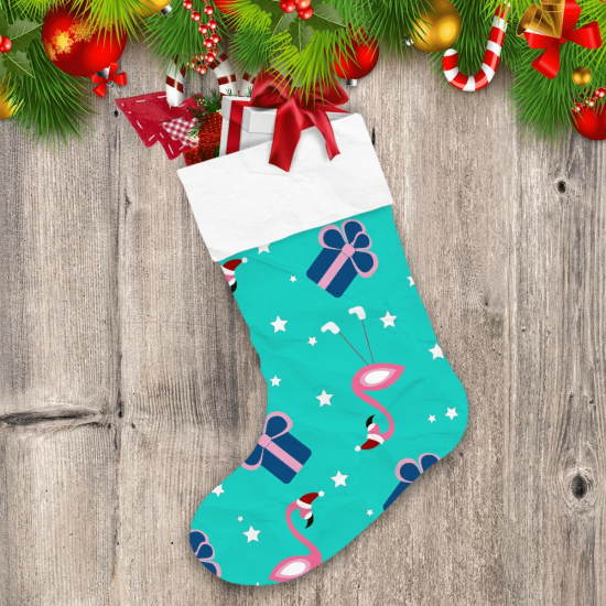 Christmas Flamingo With A Gift For Packaging Christmas Stocking