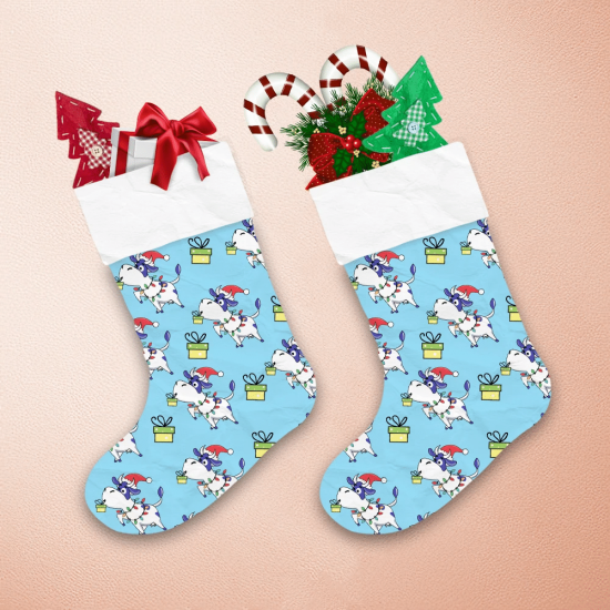Christmas Funny Cows With Gifts On A Blue Background Christmas Stocking 1