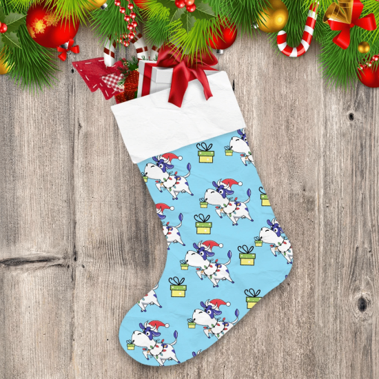 Christmas Funny Cows With Gifts On A Blue Background Christmas Stocking