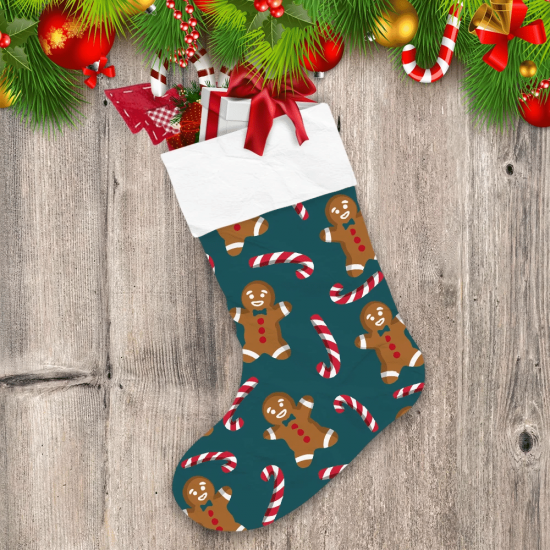 Christmas Gingerbread And Candy Canes On Dark Green Background Christmas Stocking