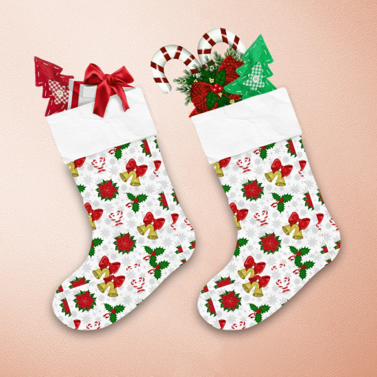Christmas Golden Bell Candy Cane And Poinsettia Flower Christmas Stocking 1