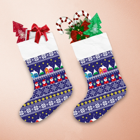 Christmas Knitted Pattern With Santa Claus And Houses Christmas Stocking 1