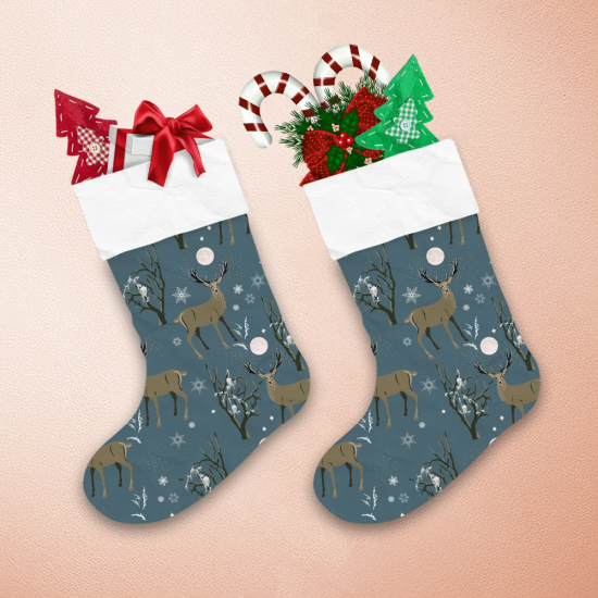 Christmas Night In Forest With Deer Snowflakes And Trees Christmas Stocking 1
