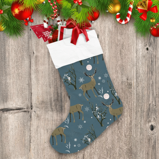 Christmas Night In Forest With Deer Snowflakes And Trees Christmas Stocking