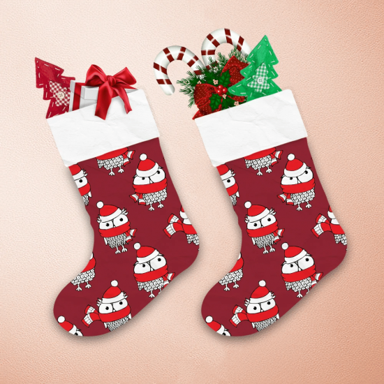 Christmas Owls In Santa Hat And Scarf On Red Background Christmas Stocking 1