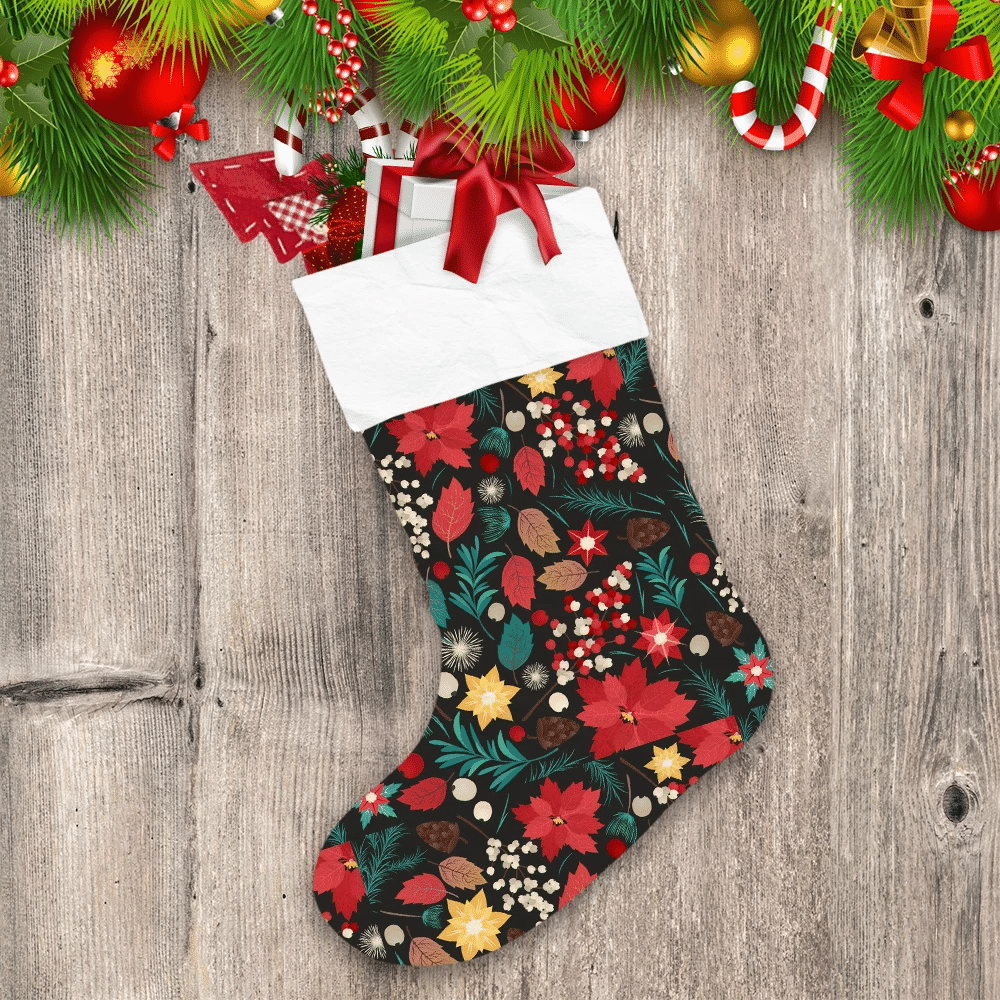 Christmas Plants Or Floral Template In Black Background Christmas Stocking