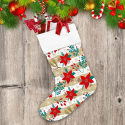 Christmas Poinsettia Flowers And Snowflake Beige Stripes Christmas Stocking