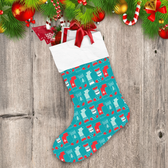 Christmas Red And White Socks On Blue Background Christmas Stocking