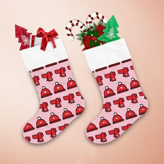 Christmas Red Hats And Scarfs On Pink Background Christmas Stocking 1