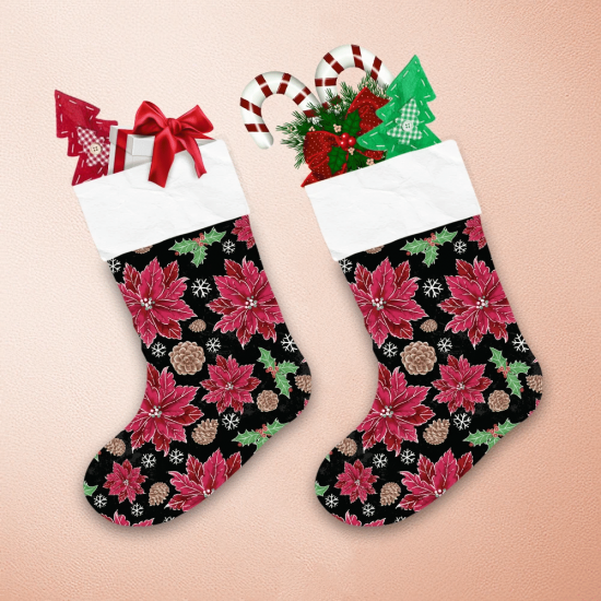 Christmas Red Poinsettia Black Pinecone And Berries Christmas Stocking 1