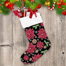 Christmas Red Poinsettia Black Pinecone And Berries Christmas Stocking