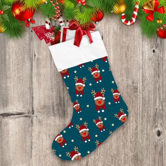Christmas Reindeer Santa With Red Scarf On Indigo Blue Christmas Stocking