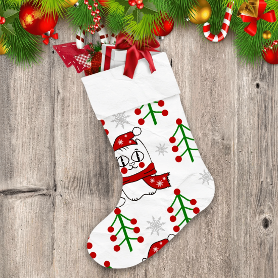 Christmas Snowflake With Cat In Santa Hat And Scarf Christmas Stocking