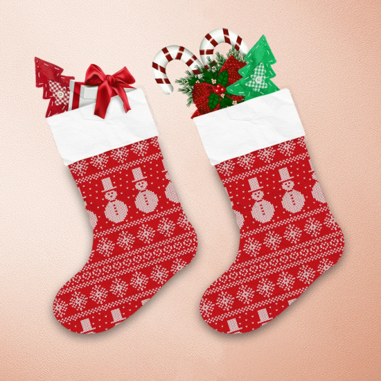 Christmas Snowman And Snowflakes On Red Background Christmas Stocking 1