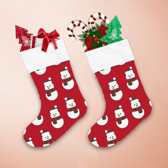Christmas Snowman In Scarf And Hat On Red Background Christmas Stocking 1