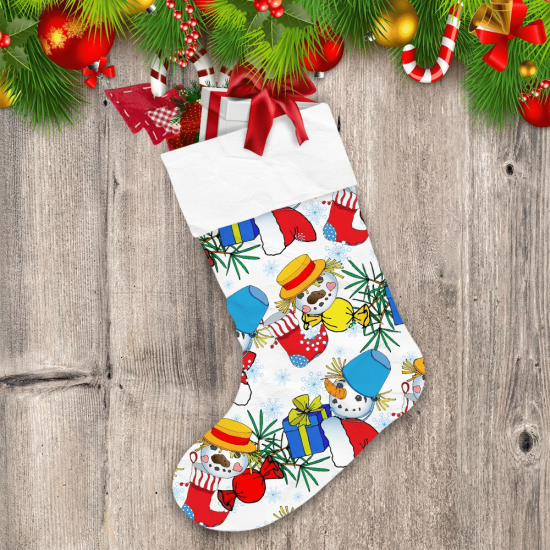 Christmas Snowman Near Gift Box And Boot Christmas Stocking