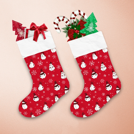 Christmas Snowmen And Doodle Snowflakes On Red Background Christmas Stocking 1