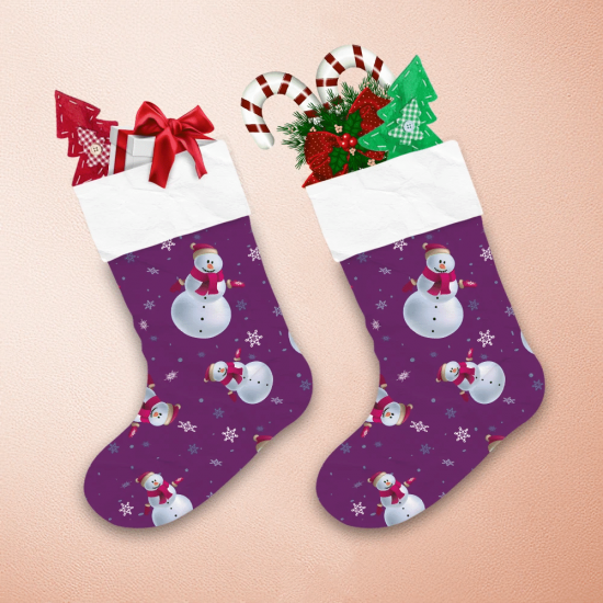 Christmas Snowmen And Snowflake On Purple Background Christmas Stocking 1