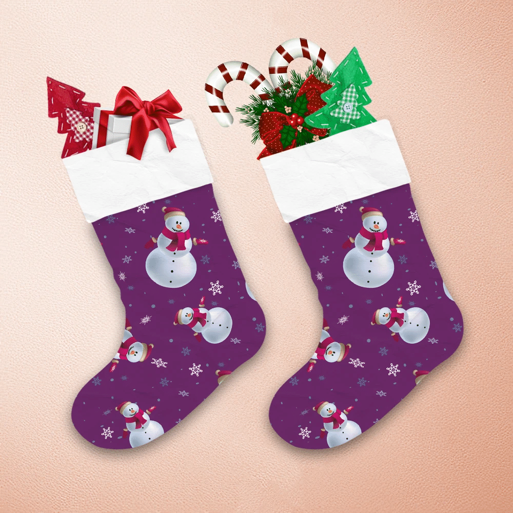 Christmas Snowmen And Snowflake On Purple Background Christmas Stocking 1