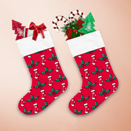 Christmas Sock And Holly On Red Background Christmas Stocking 1