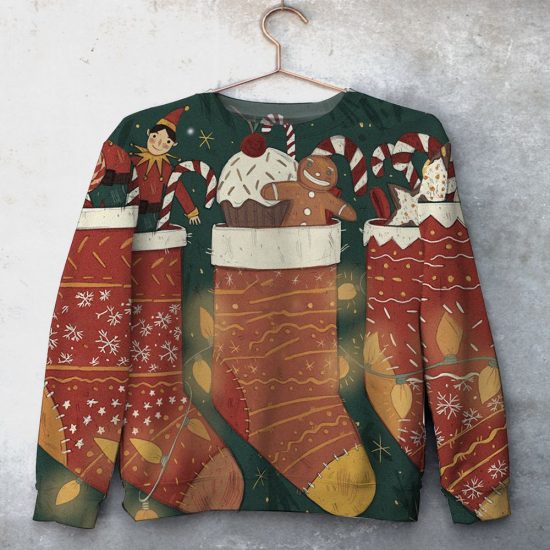 Christmas Sock Gift Pattern Unisex All Over Print Cotton Sweatshirt