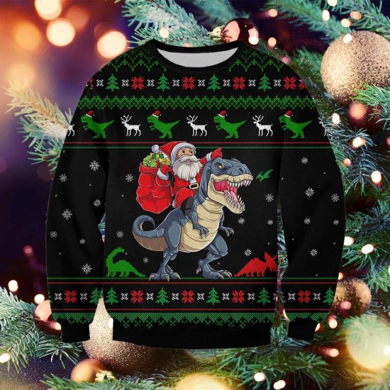 Christmas T-Rex Knitting Pattern 3D Print Ugly Christmas Sweatshirt