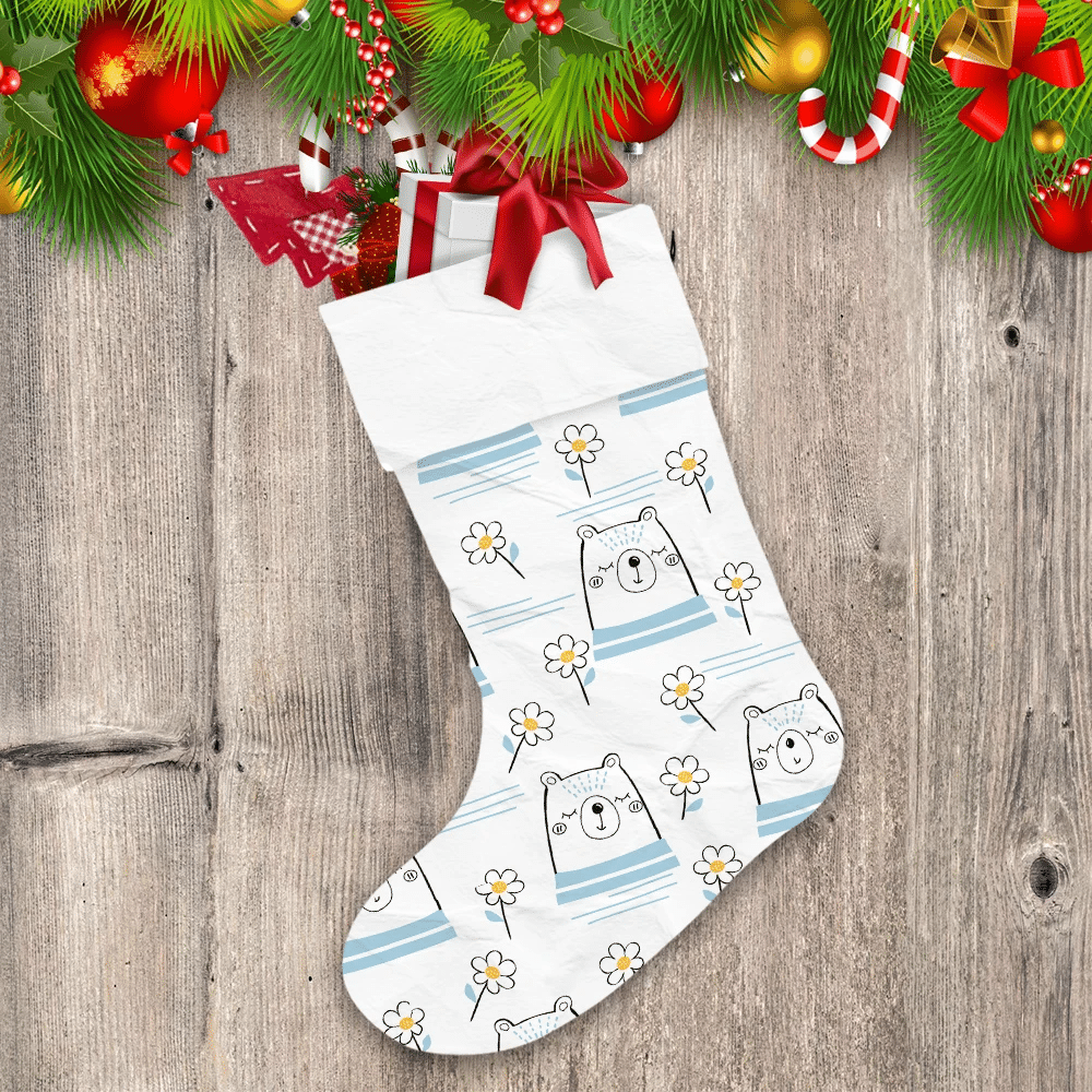 Christmas Theme Cute Bear Cartoons And Daisy Flower On White Christmas Stocking