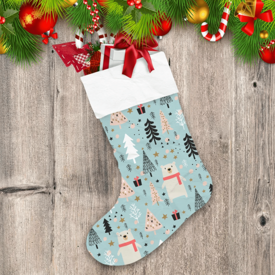 Christmas Tree And White Bear In Red Scarf Christmas Stocking