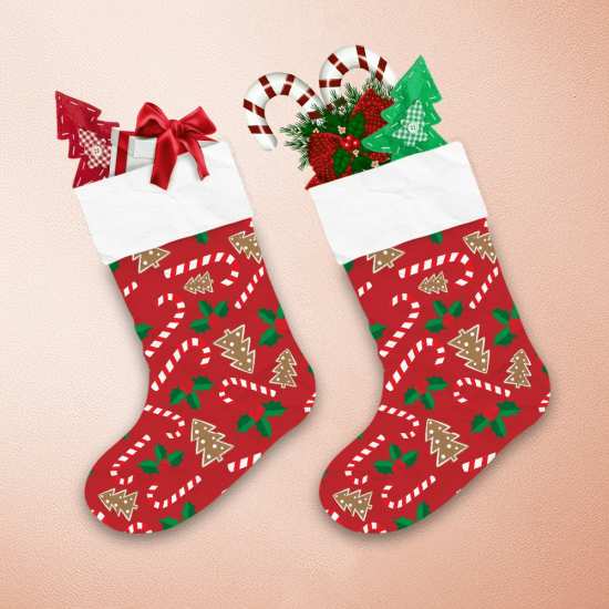 Christmas Tree Candy Cane And Holly Christmas Stocking 1