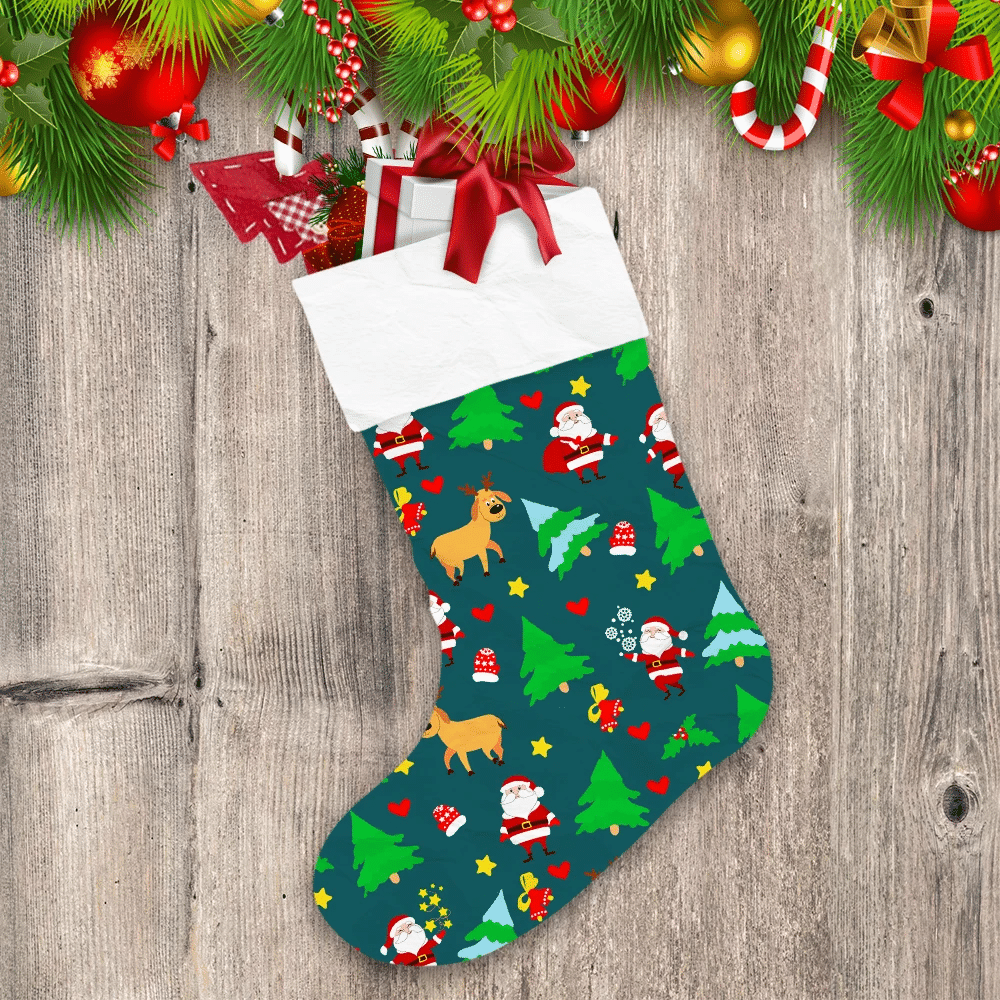 Christmas Trees Bells Santa Claus With Bag Gifts And Red Mittens Christmas Stocking