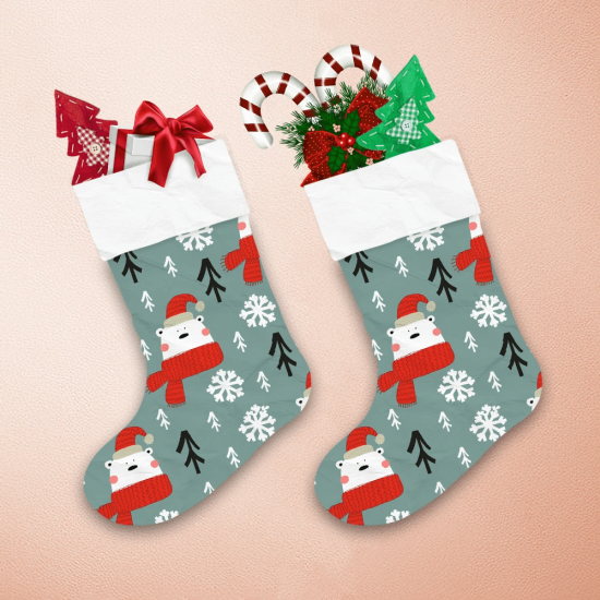 Christmas Trees Snowflakes And Bear In Scarf Christmas Stocking 1