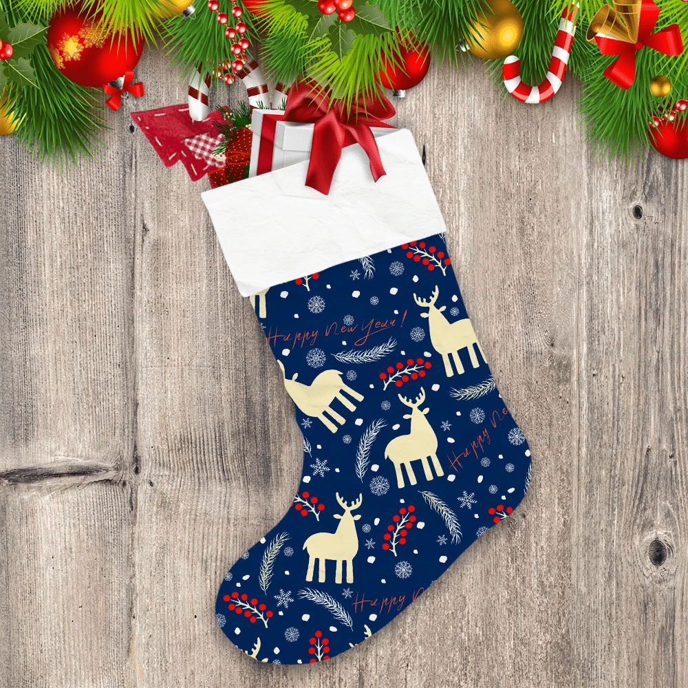 Christmas-Winter-Adorable-Reindeer-And-Berries-On-Black-Christmas-Stocking Christmas Winter Adorable Reindeer And Berries On Black Christmas Stocking