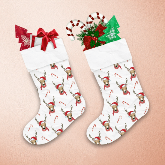 Christmas Winter Reindeer Head With Horn And Santa Hat Christmas Stocking 1