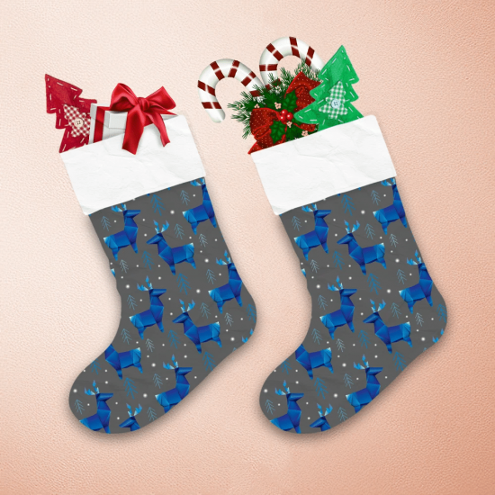 Christmas Winter Stylized Triangle Polygonal Blue Reindeer Christmas Stocking 1