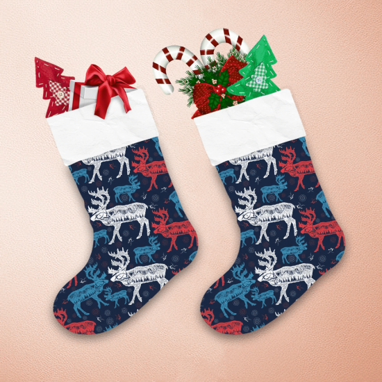 Christmas Winter With Deer Blue Vintage Background Christmas Stocking 1