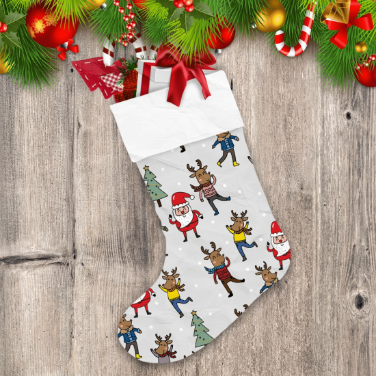 Christmas Winter With Santa And Happy Reindeer Christmas Stocking